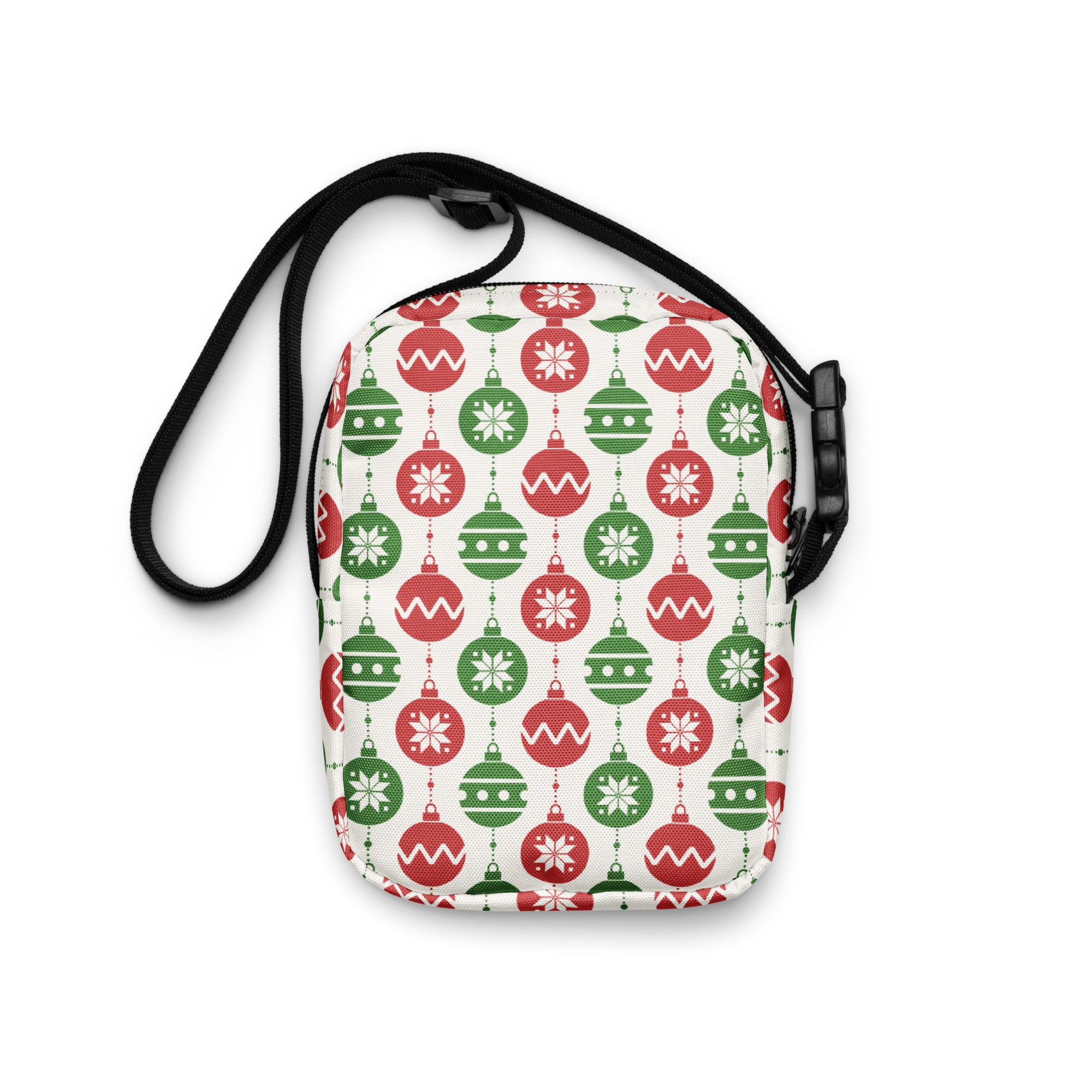 Girls christmas ornaments crossbody purse with red and green ornament pattern on white fabric and black adjustable strap
