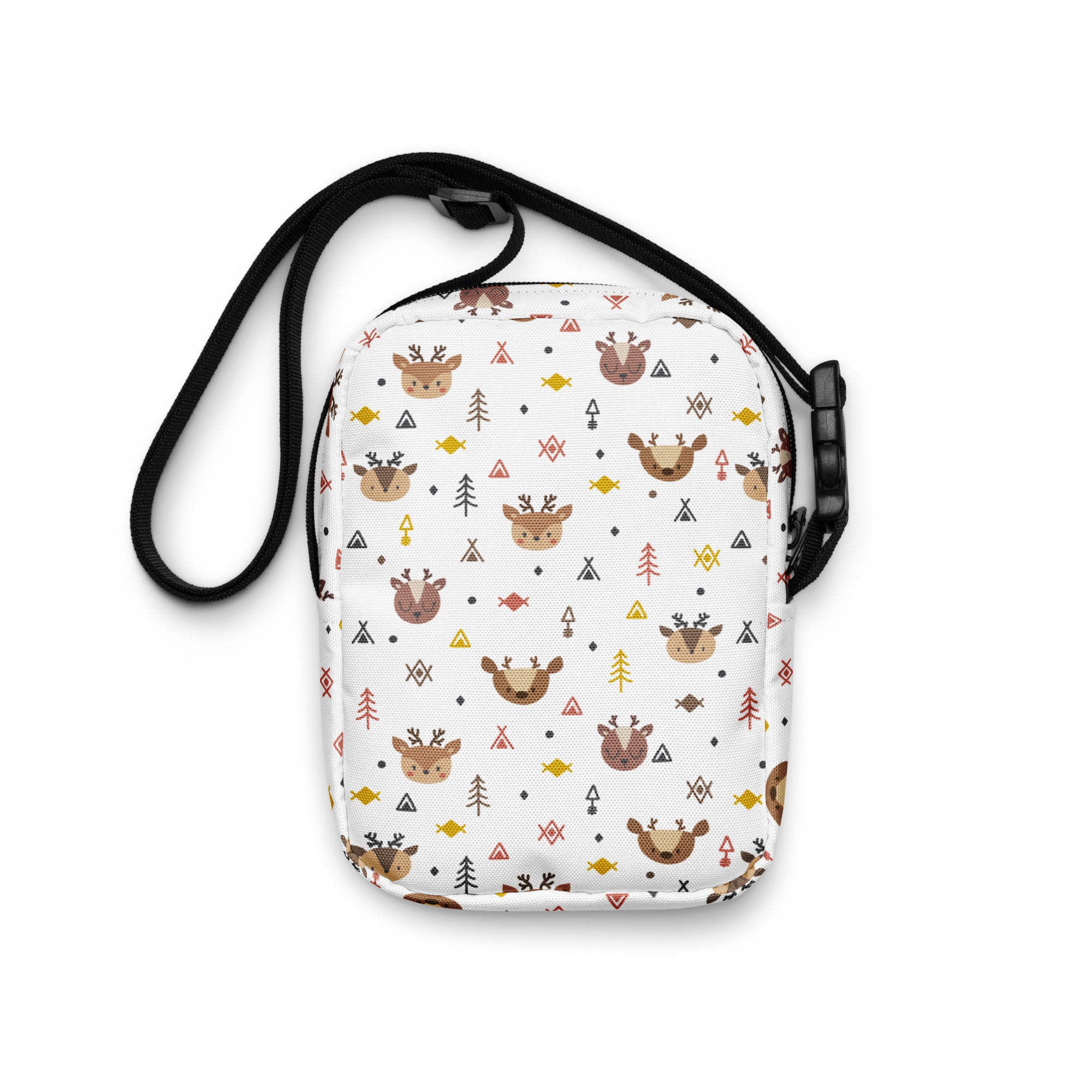 Girls cute reindeer christmas crossbody purse white bag with playful brown deer red triangles and yellow fish pattern