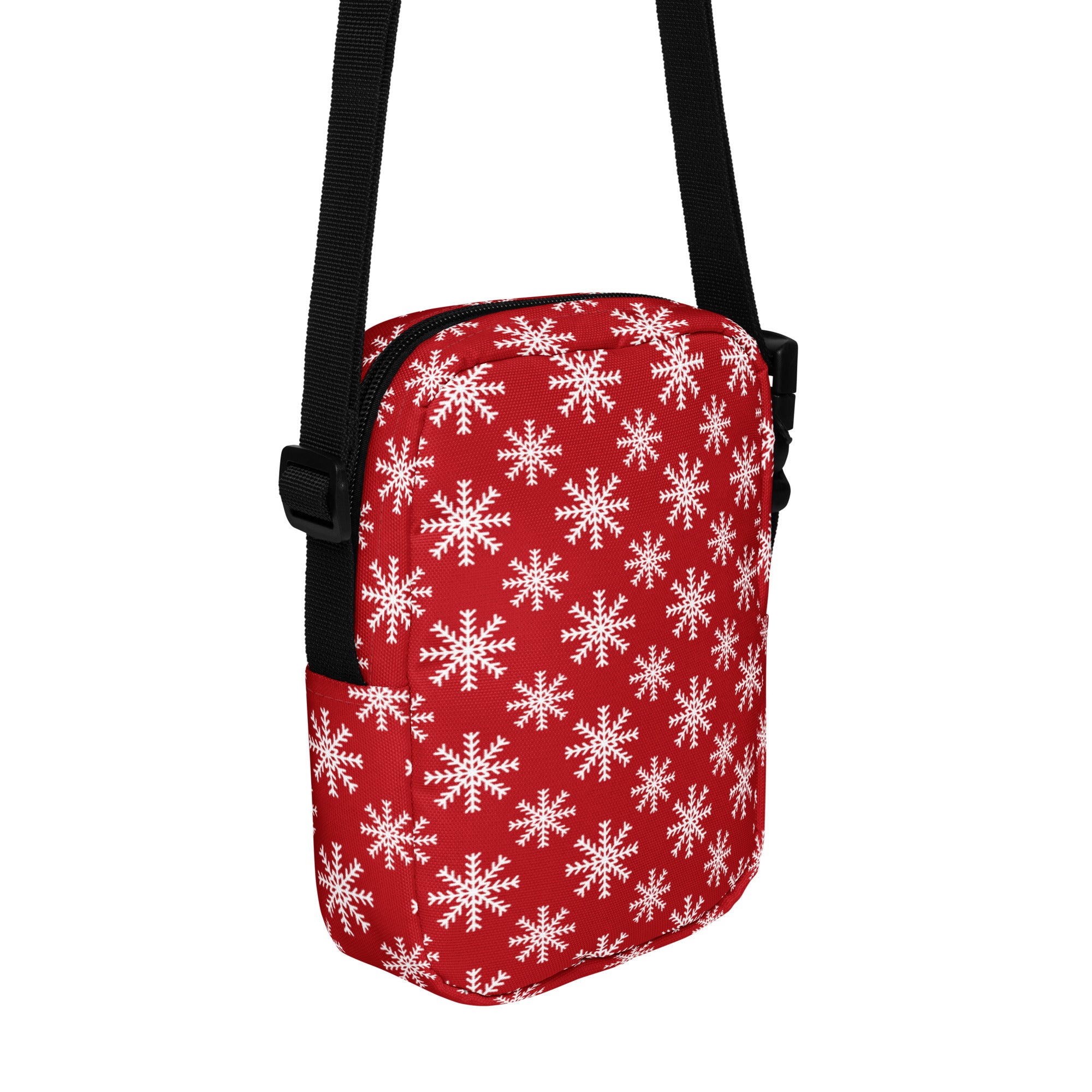 Red snowflake christmas women’s crossbody purse red with white snowflake pattern and black adjustable strap