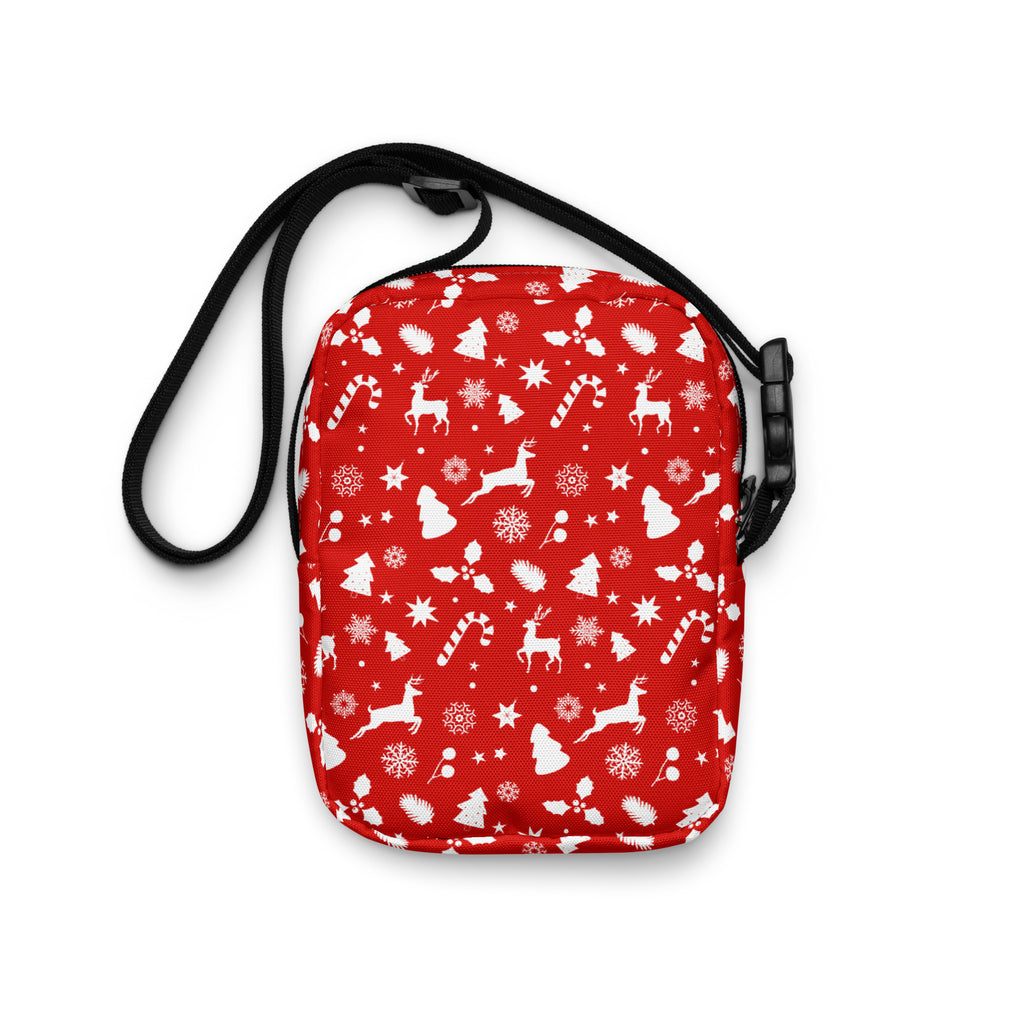 Red christmas women’s crossbody purse in red with white christmas-themed reindeer candy cane snowflake and tree pattern