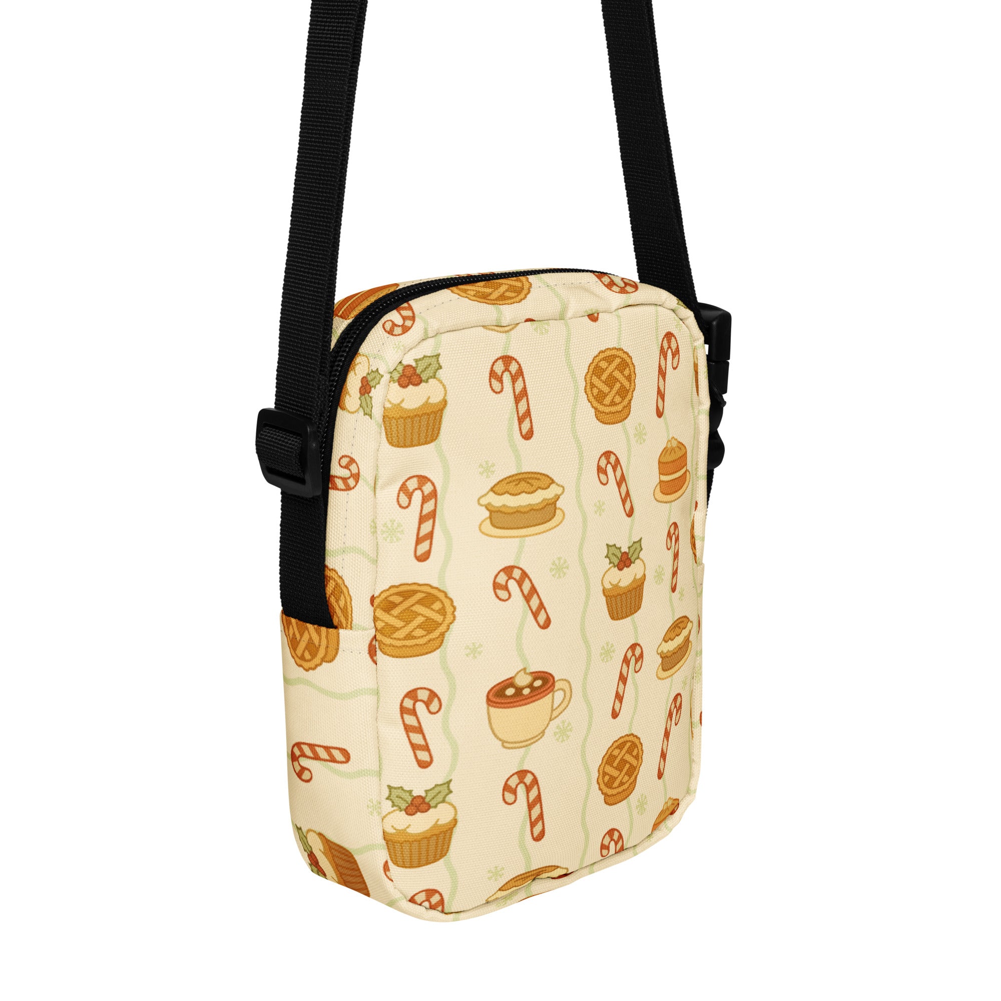 A cream-colored Christmas treats women’s crossbody purse with festive candy cane and dessert pattern in warm tones