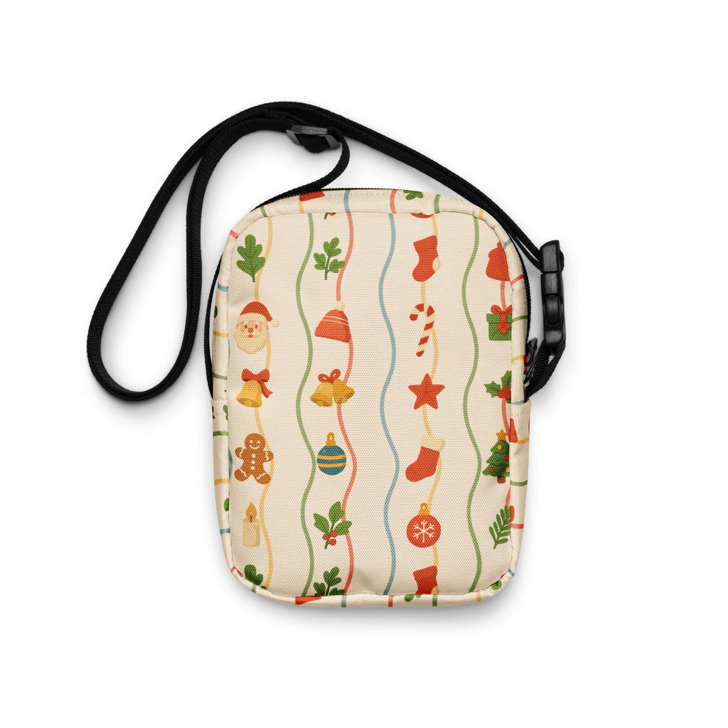 Beige girls christmas icons crossbody purse with festive red green and gold ornament pattern on wavy stripes