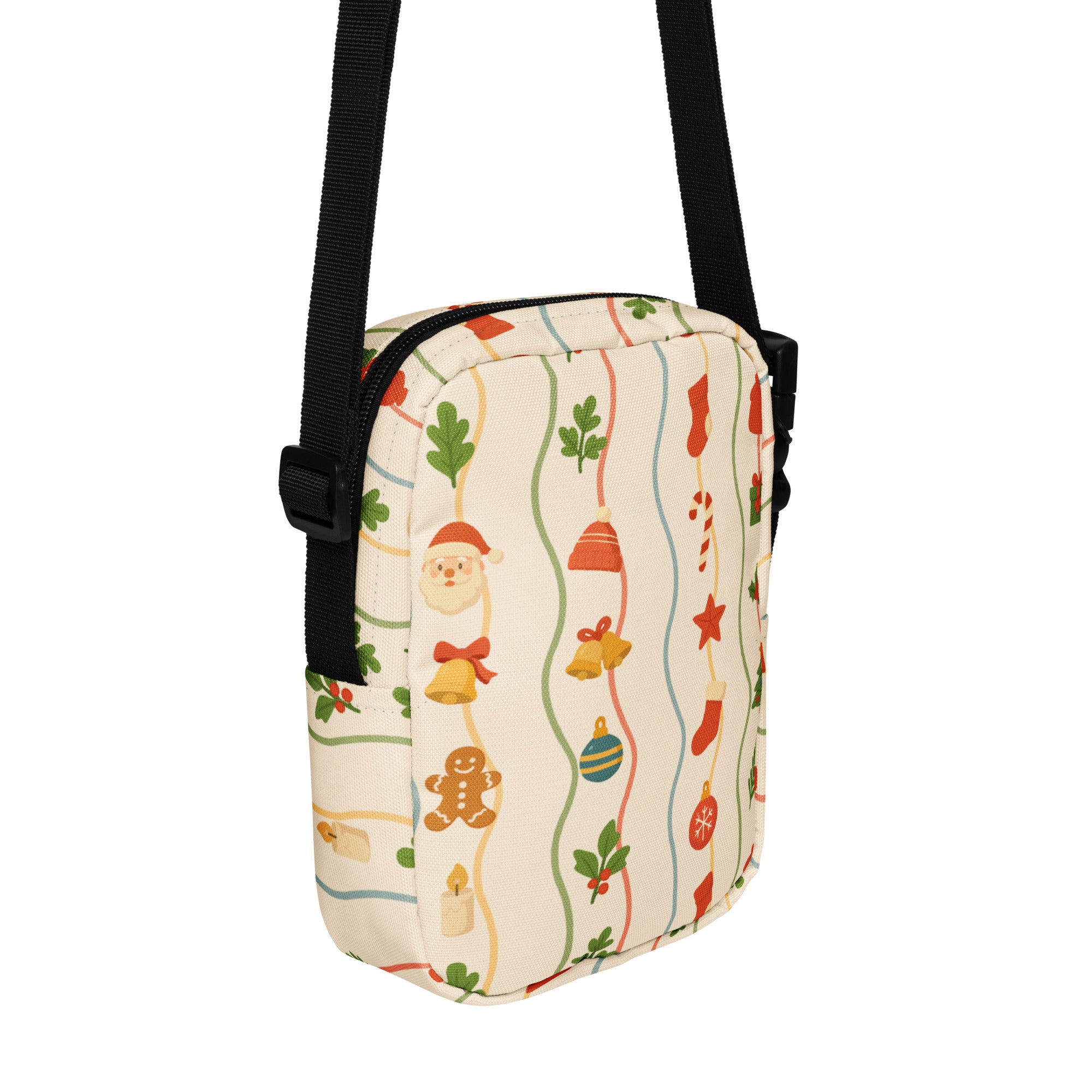 Girls Christmas icons crossbody purse in cream with festive santa gingerbread bell ornament pattern on colorful stripes