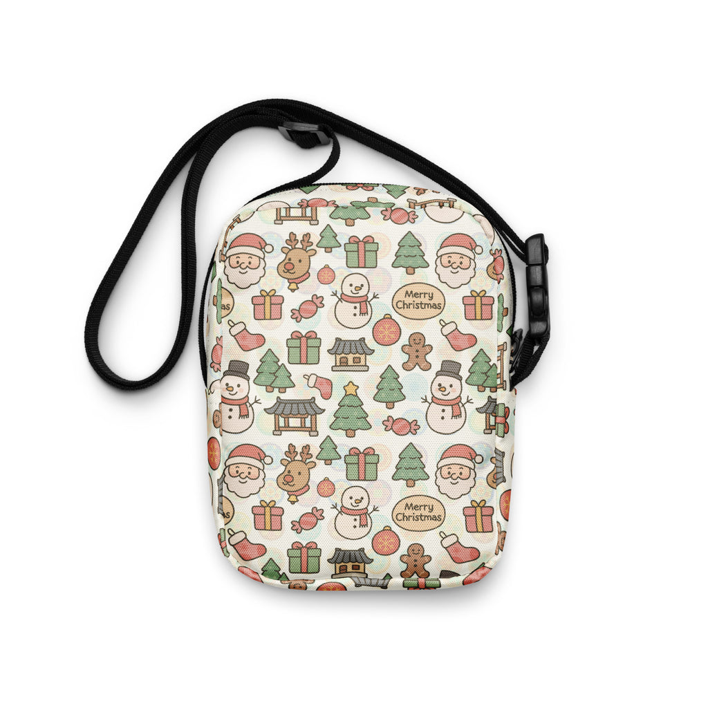 A festive christmas doodle women’s crossbody purse with cream fabric featuring cartoon snowmen reindeer and gift boxes