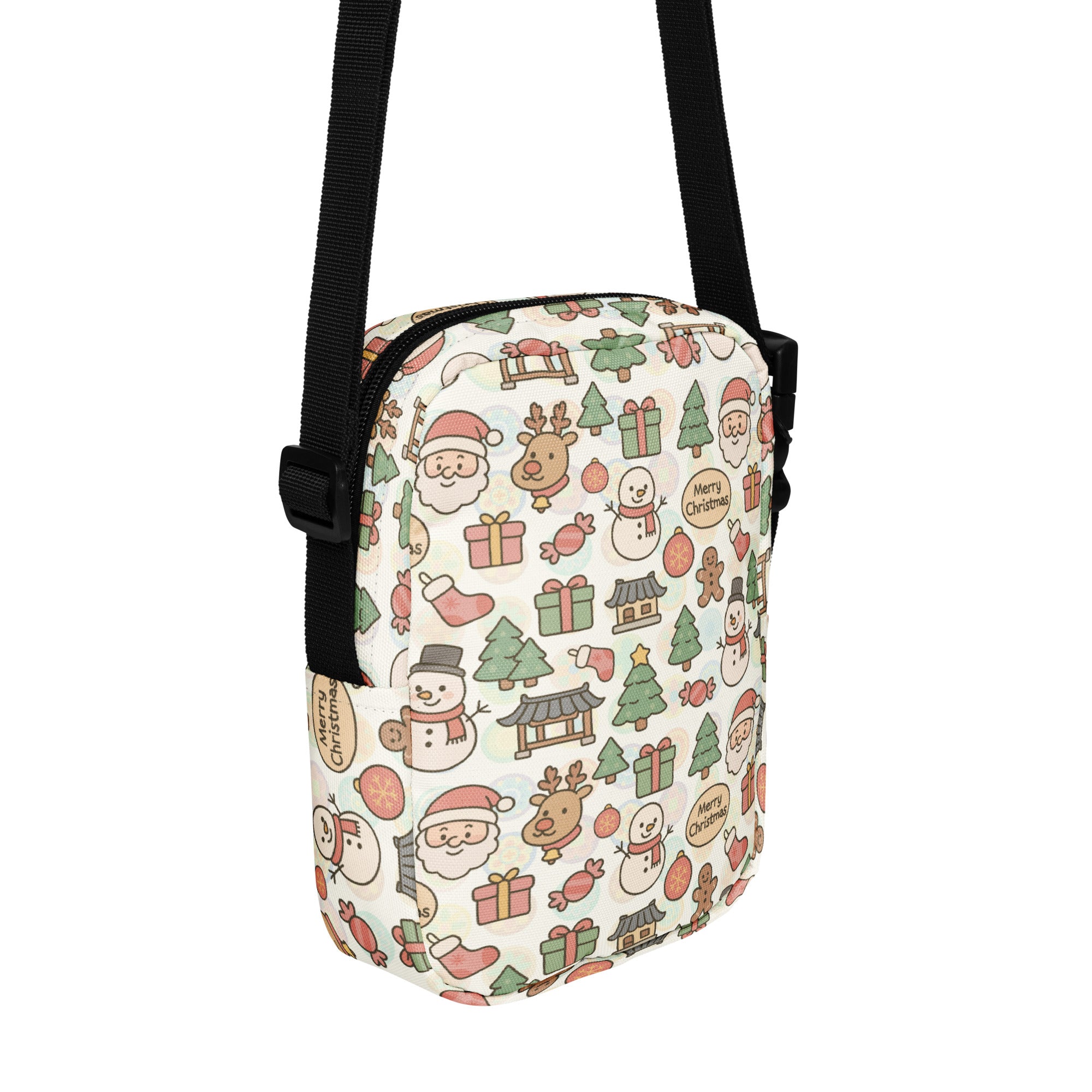 Girls doodle christmas crossbody purse featuring a festive white bag with pastel santa reindeer snowmen and gift box pattern