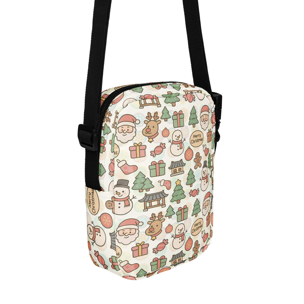 A festive white leather Christmas Doodle women’s crossbody purse with pastel santa reindeer snowmen and gift box pattern