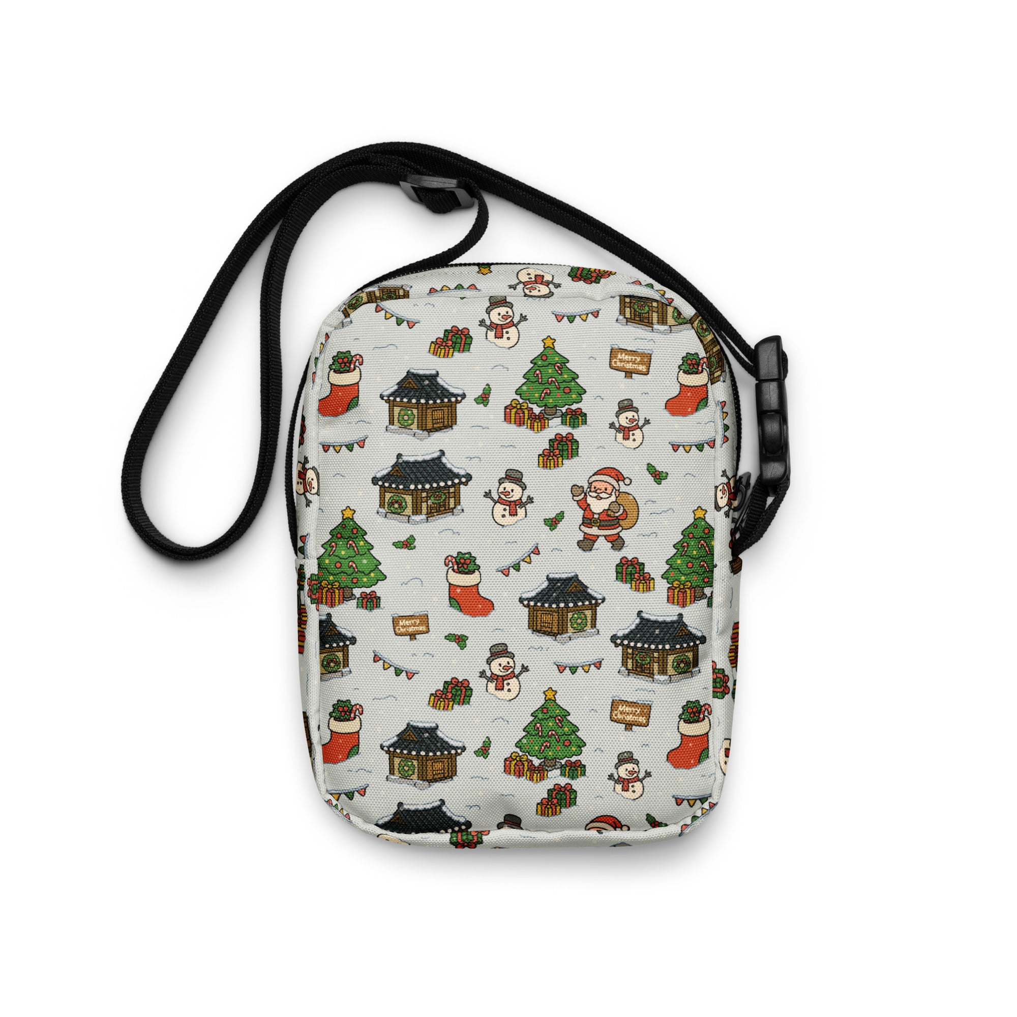 Girls snowy village Christmas crossbody purse in light gray fabric with colorful cartoon Christmas motifs and Korean houses