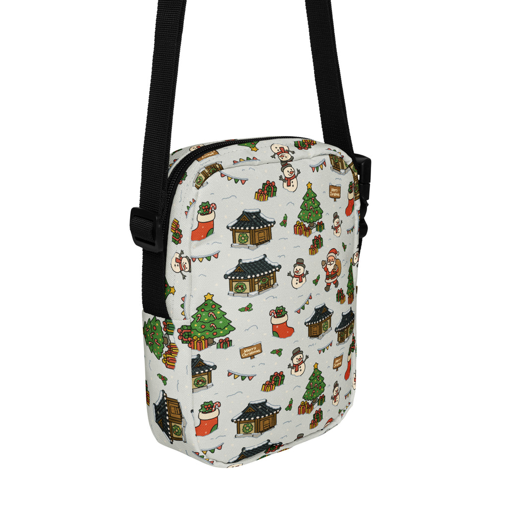 Girls snowy village christmas crossbody purse white with festive snowmen santa trees and korean house pattern
