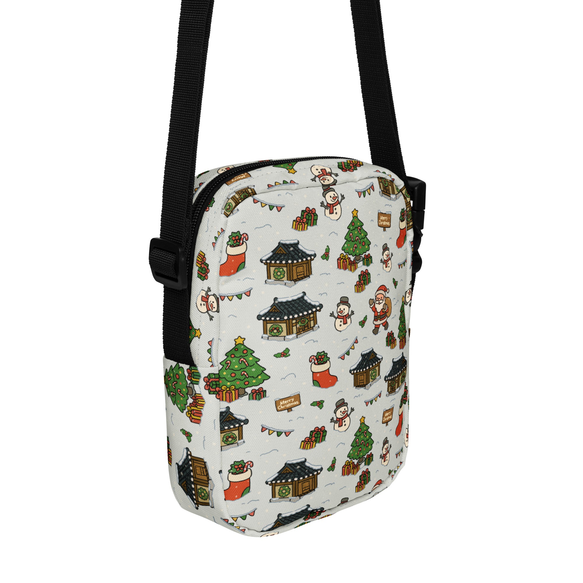 Girls snowy village christmas crossbody purse white with festive snowmen santa trees and korean house pattern
