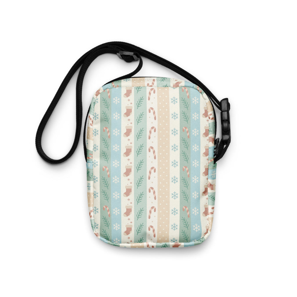 Girls pastel striped Christmas crossbody purse with soft mint, cream, and beige fabric featuring candy canes and snowflakes