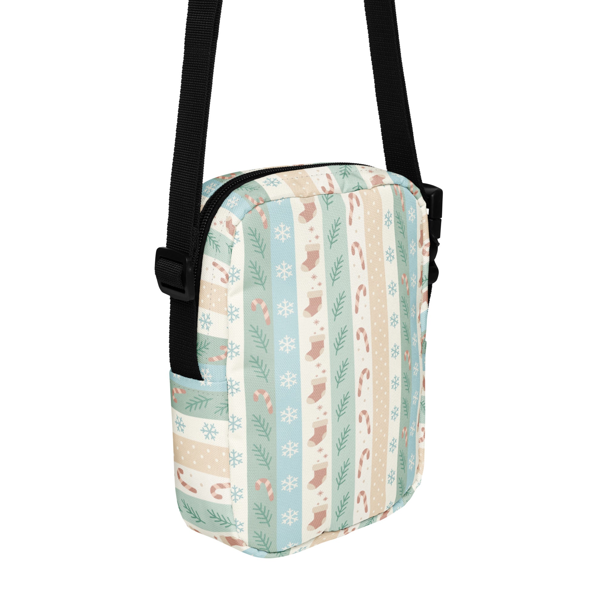 Girls pastel striped christmas crossbody purse with vertical mint green beige and cream stripes and festive candy cane design