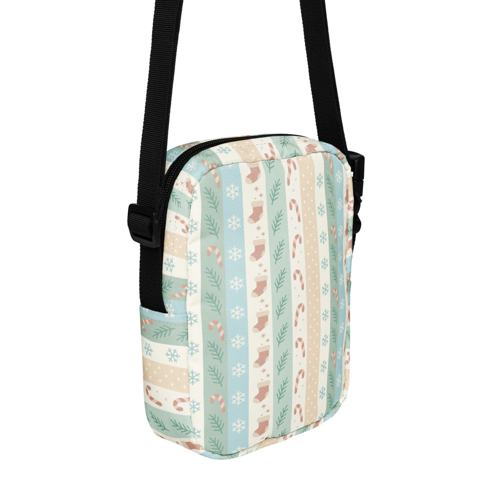 Pastel christmas stripes women’s crossbody purse with vertical mint green beige cream stripes and festive candy cane snowflake patterns