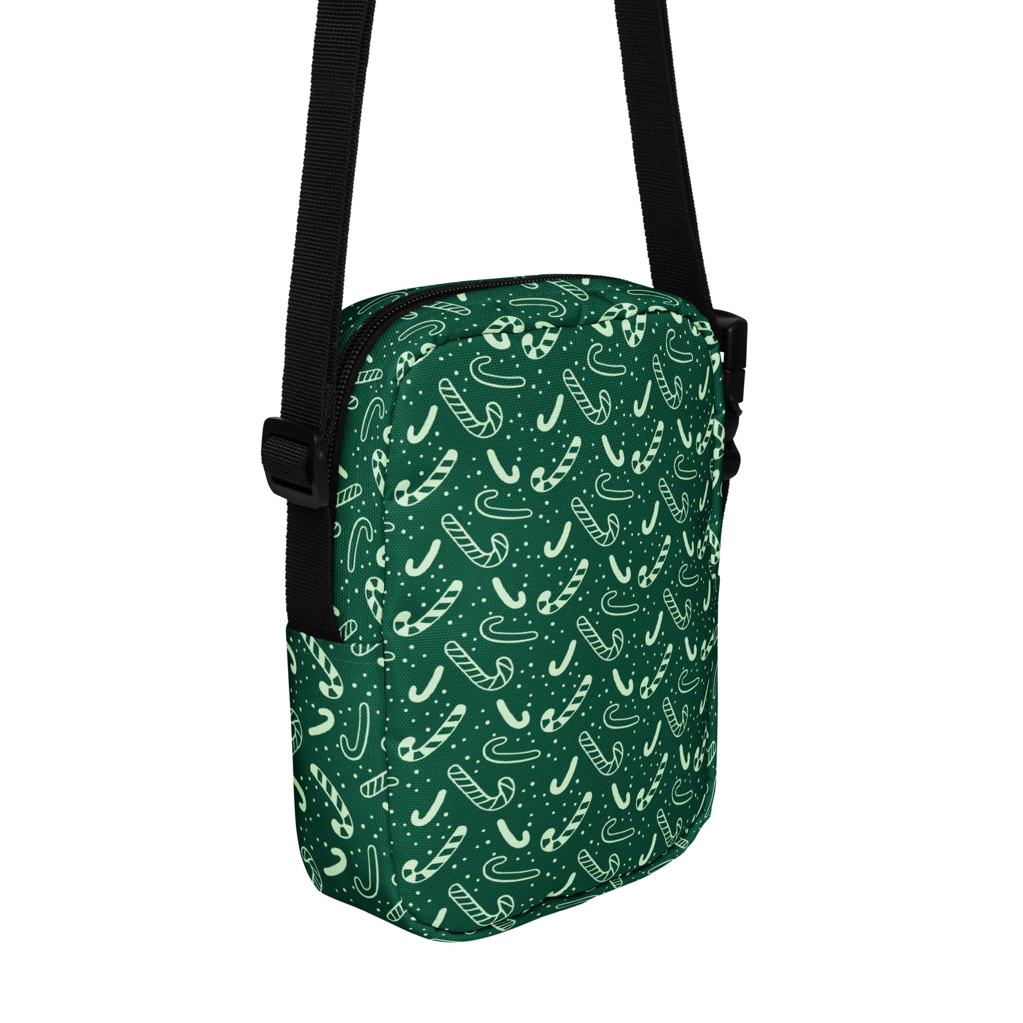 Green candy cane patterned crossbody purse with black straps for women perfect for Christmas use