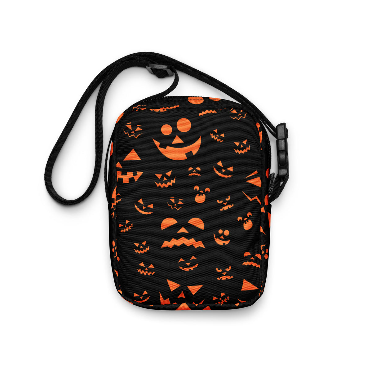 Orange Jack O Lantern Faces Halloween Crossbody Bag – Water Resistant Mini Purse With Adjustable Strap & Pockets