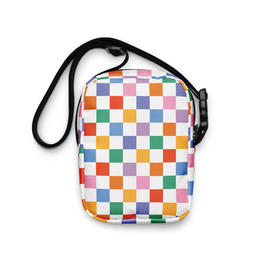 Rainbow Checkered Crossbody Bag – Water Resistant Mini Purse With Adjustable Strap & Pockets