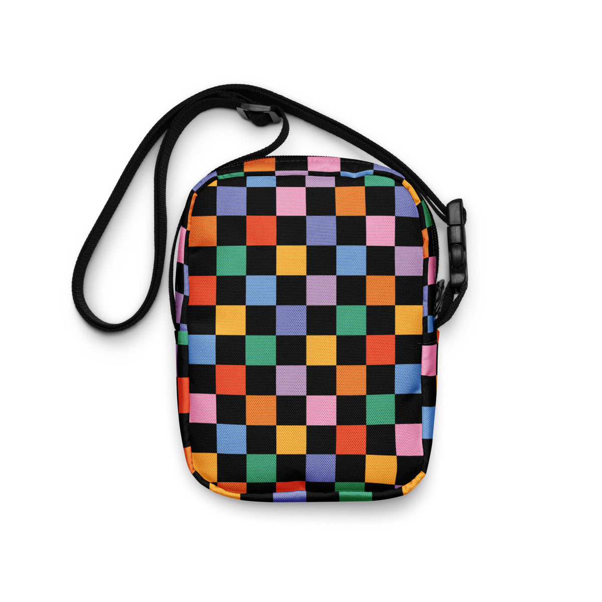 Black Rainbow Checkered Crossbody Bag – Water Resistant Mini Purse With Adjustable Strap & Pockets