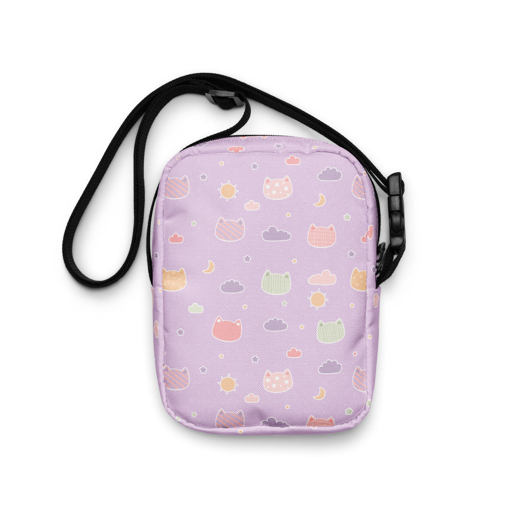 Pastel Purple Kawaii Cats & Clouds Crossbody Bag – Water Resistant Mini Purse With Adjustable Strap & Pockets