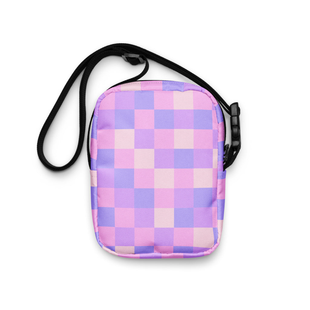 Pink & Purple Checkered Crossbody Bag – Water Resistant Mini Purse With Adjustable Strap & Pockets