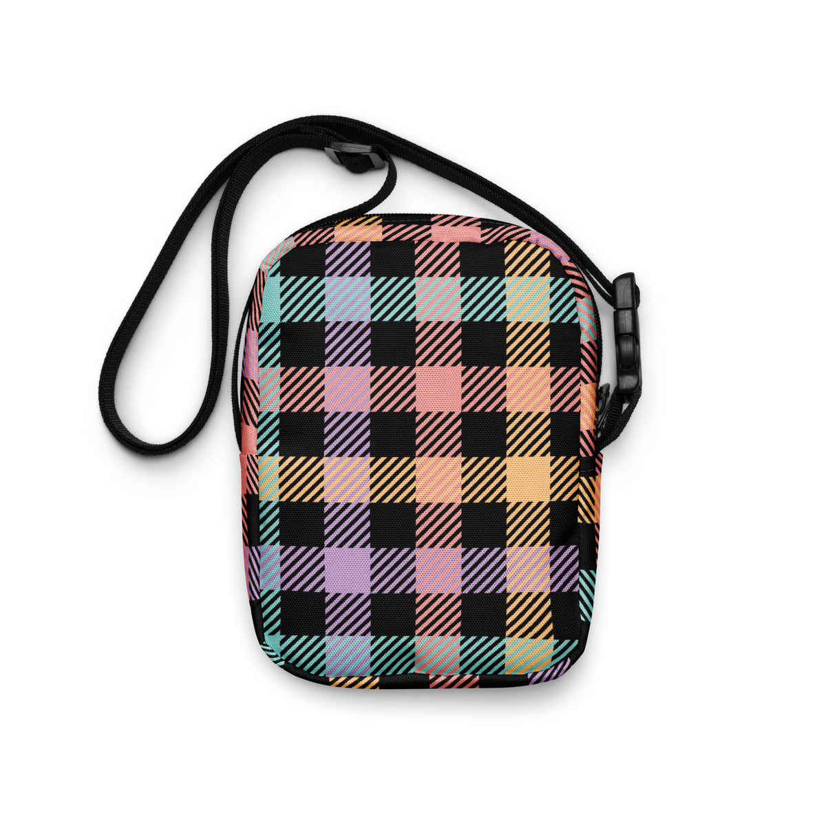 Black Colorful Plaid Crossbody Bag – Water Resistant Mini Purse With Adjustable Strap & Pockets