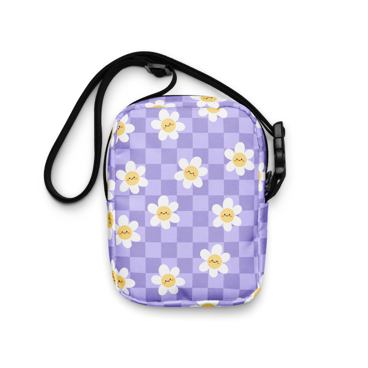 Purple Daisy Checkered Crossbody Bag – Water Resistant Mini Purse With Adjustable Strap & Pockets
