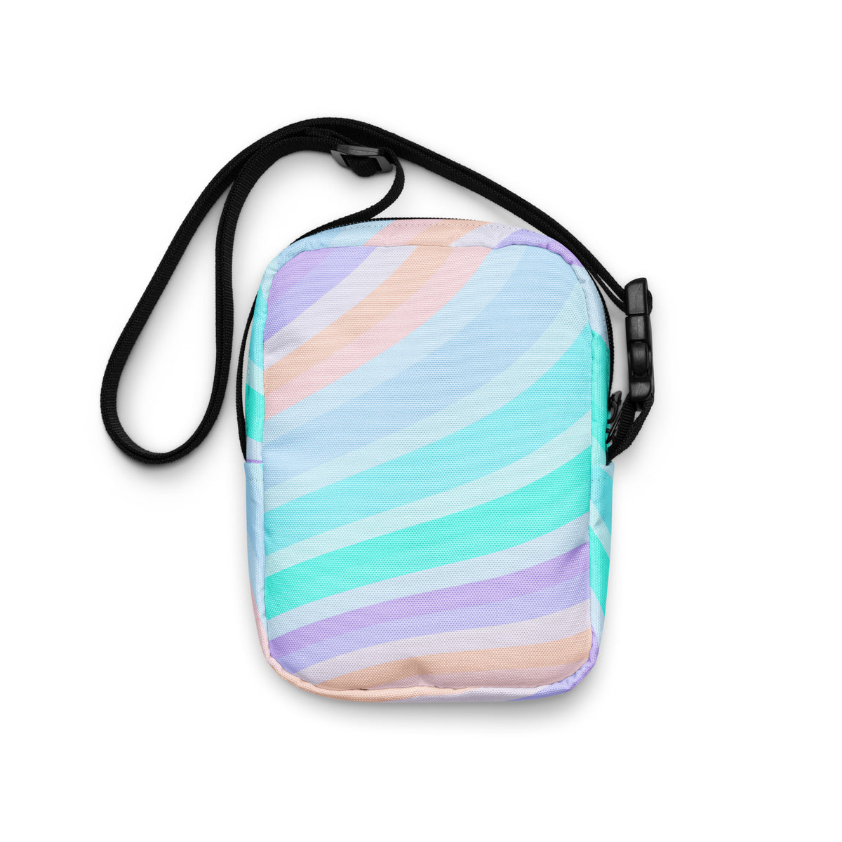 Striped Blue, Purple, & Aqua Crossbody Bag – Water Resistant Mini Purse With Adjustable Strap & Pockets