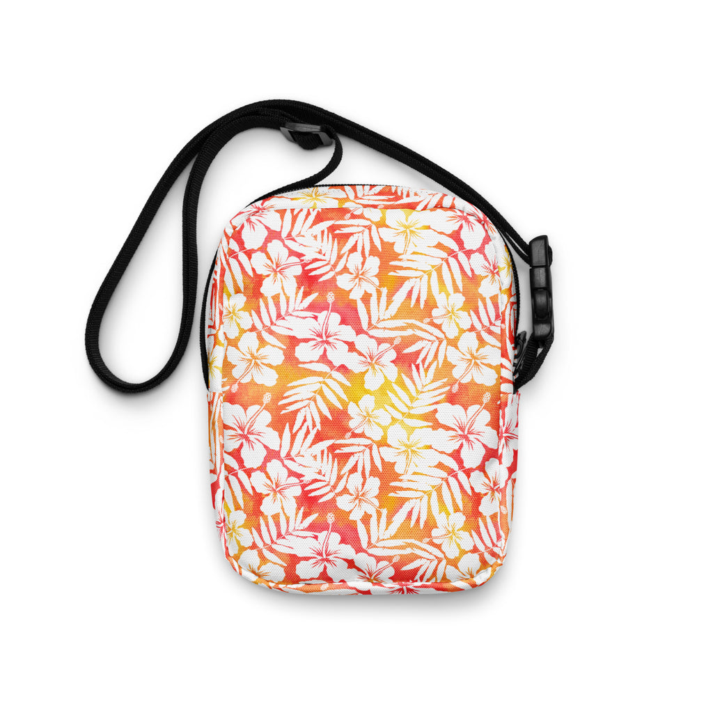 Orange Tropical Floral Hibiscus Crossbody Bag – Water Resistant Mini Purse With Adjustable Strap & Pockets