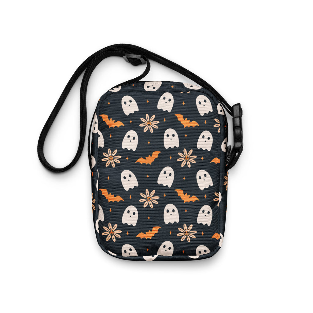 Girls Floral Ghost & Bat Halloween Crossbody Bag – Water Resistant Mini Purse With Adjustable Strap & Pockets