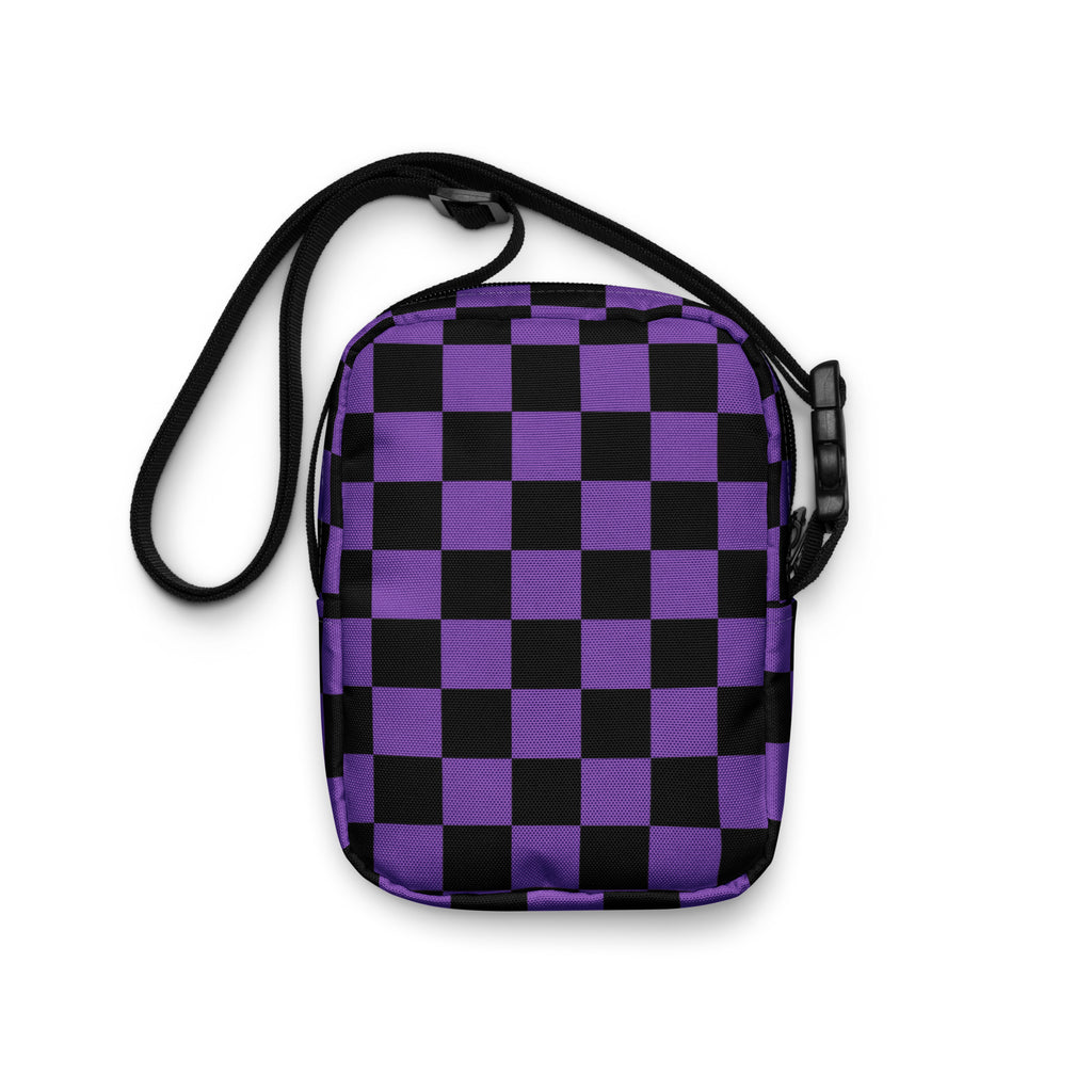 Purple Checkered Halloween Crossbody Bag – Water Resistant Mini Purse With Adjustable Strap & Pockets