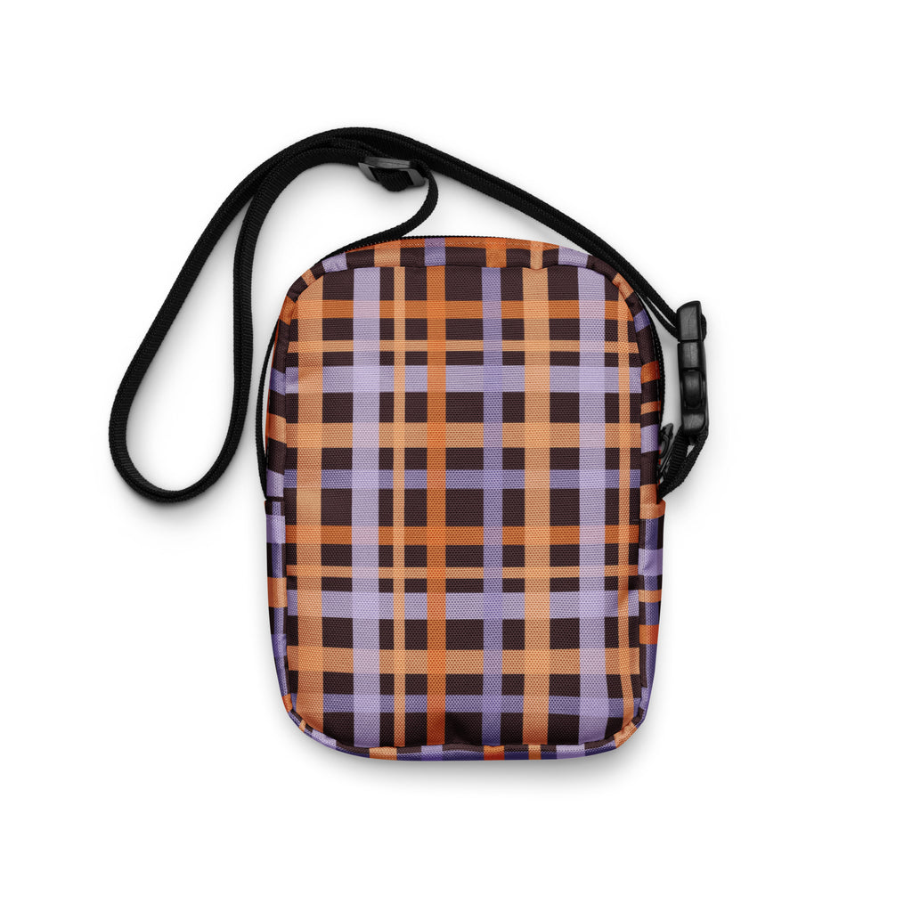 Orange & Purple Plaid Halloween Crossbody Bag – Water Resistant Mini Purse With Adjustable Strap & Pockets