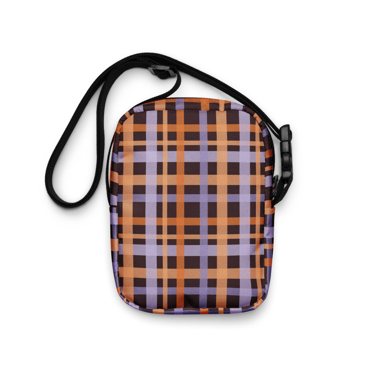 Orange & Purple Plaid Halloween Crossbody Bag – Water Resistant Mini Purse With Adjustable Strap & Pockets