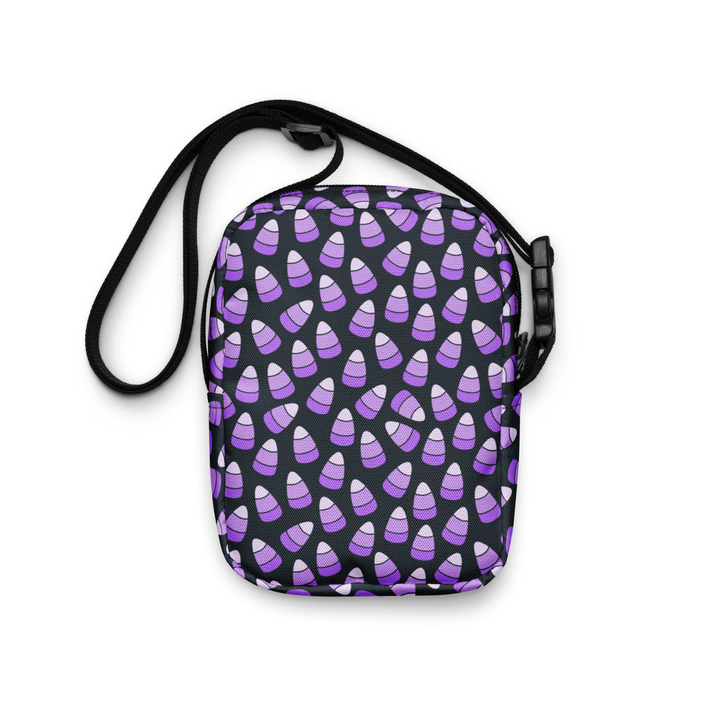Purple Candy Corn Halloween Crossbody Bag – Water Resistant Mini Purse With Adjustable Strap & Pockets