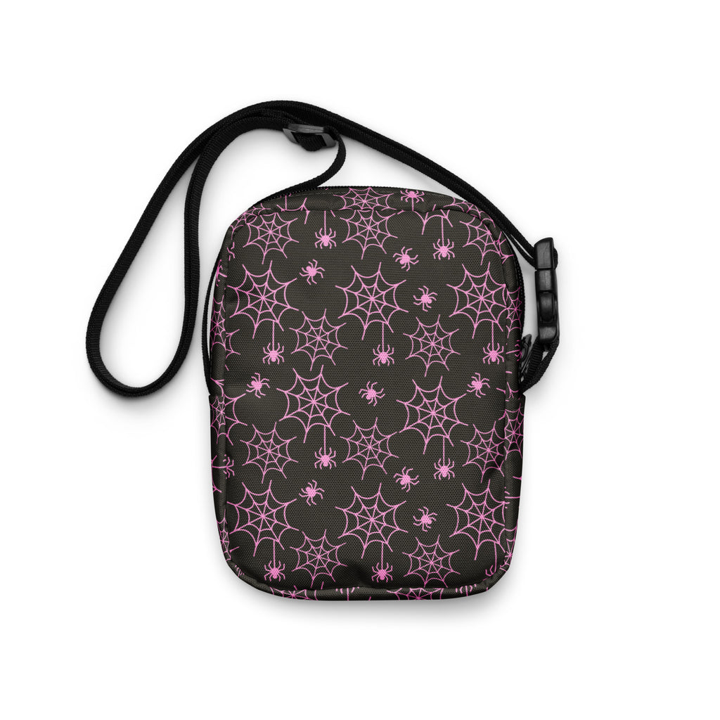 Pink Spider Web Halloween Crossbody Bag – Water Resistant Mini Purse With Adjustable Strap & Pockets
