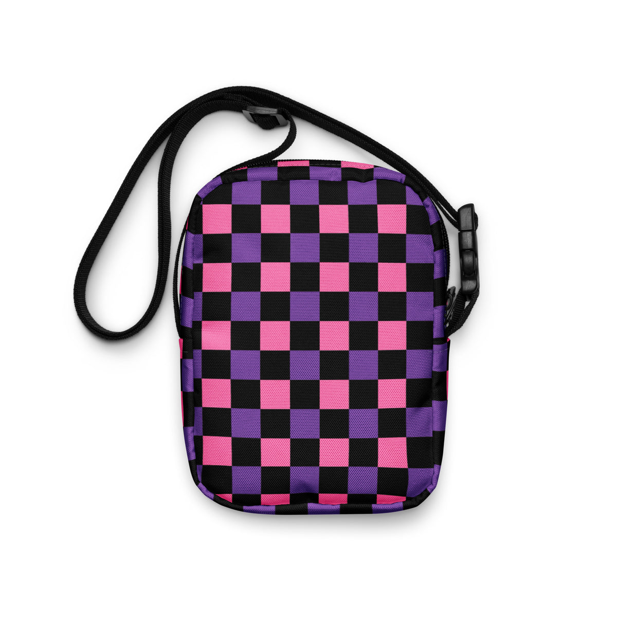 Pink & Purple Checkered Halloween Crossbody Bag – Water Resistant Mini Purse With Adjustable Strap & Pockets