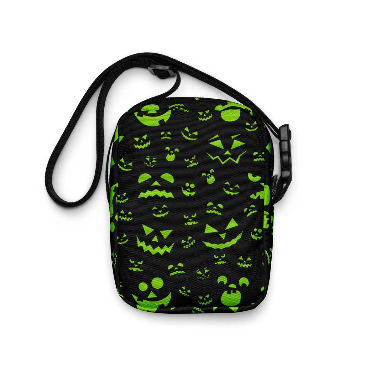 Green Jack O Lantern Faces Halloween Crossbody Bag – Water Resistant Mini Purse With Adjustable Strap & Pockets