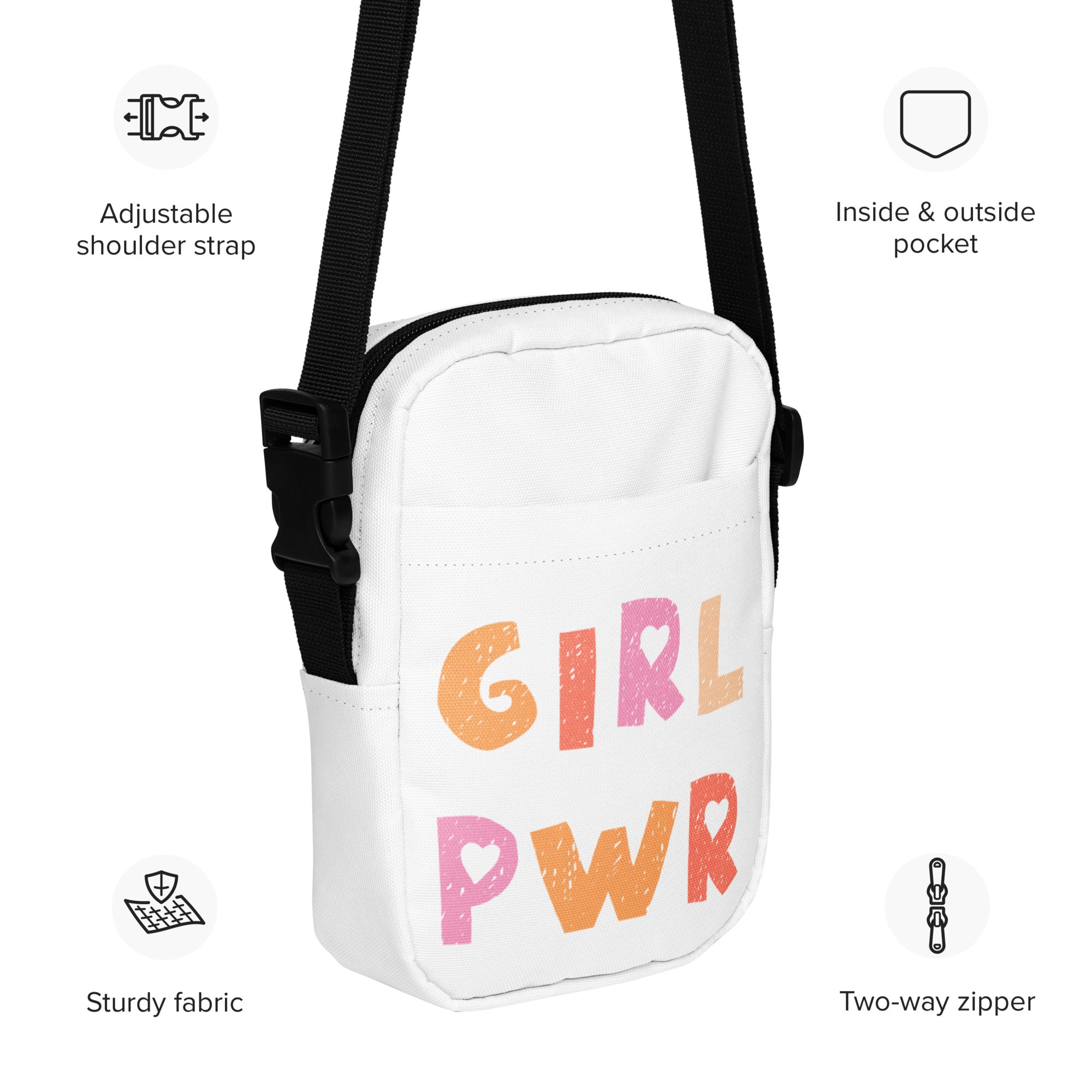 White crossbody bag with girl pwr colorful distressed print and black adjustable strap for kids use