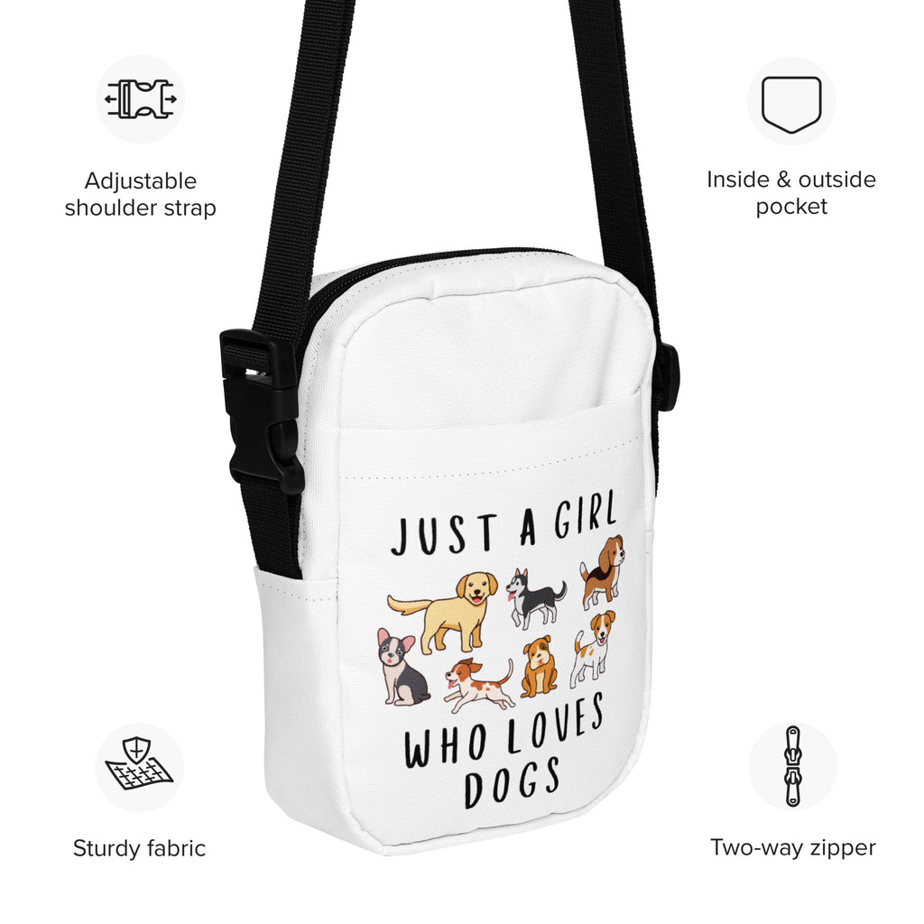 White crossbody bag with black adjustable strap and cartoon dog illustrations for girls who love dogs