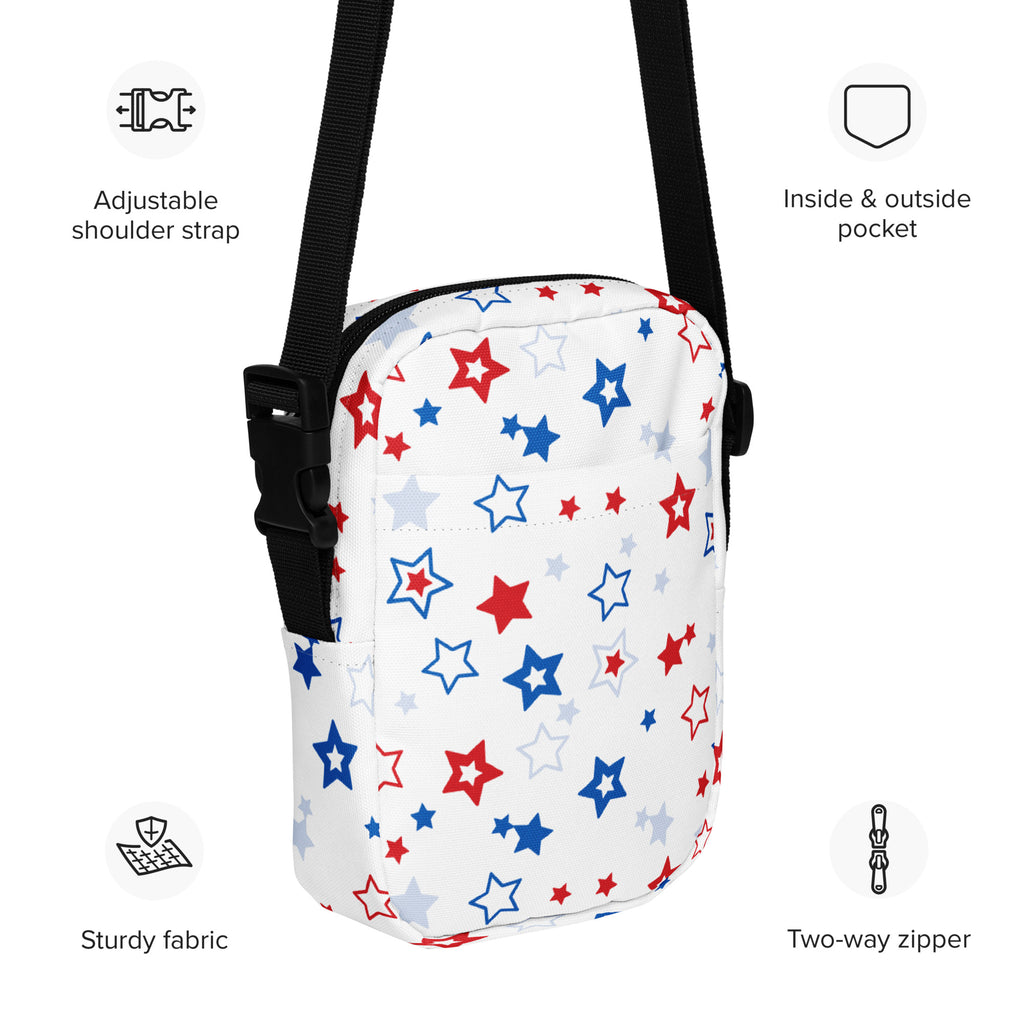 White crossbody bag with red blue and silver star pattern on sturdy fabric for girls red white and blue stars purse