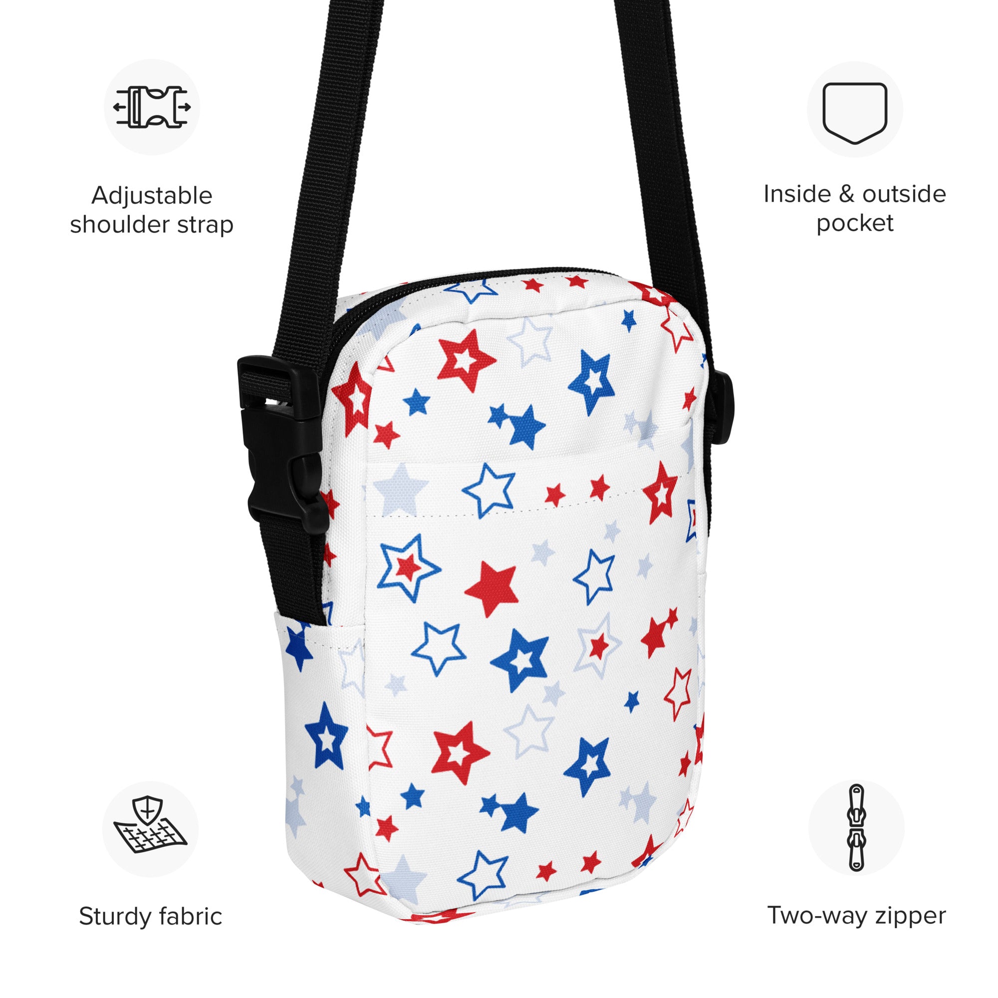 White crossbody bag with red blue and silver star pattern on sturdy fabric for girls red white and blue stars purse