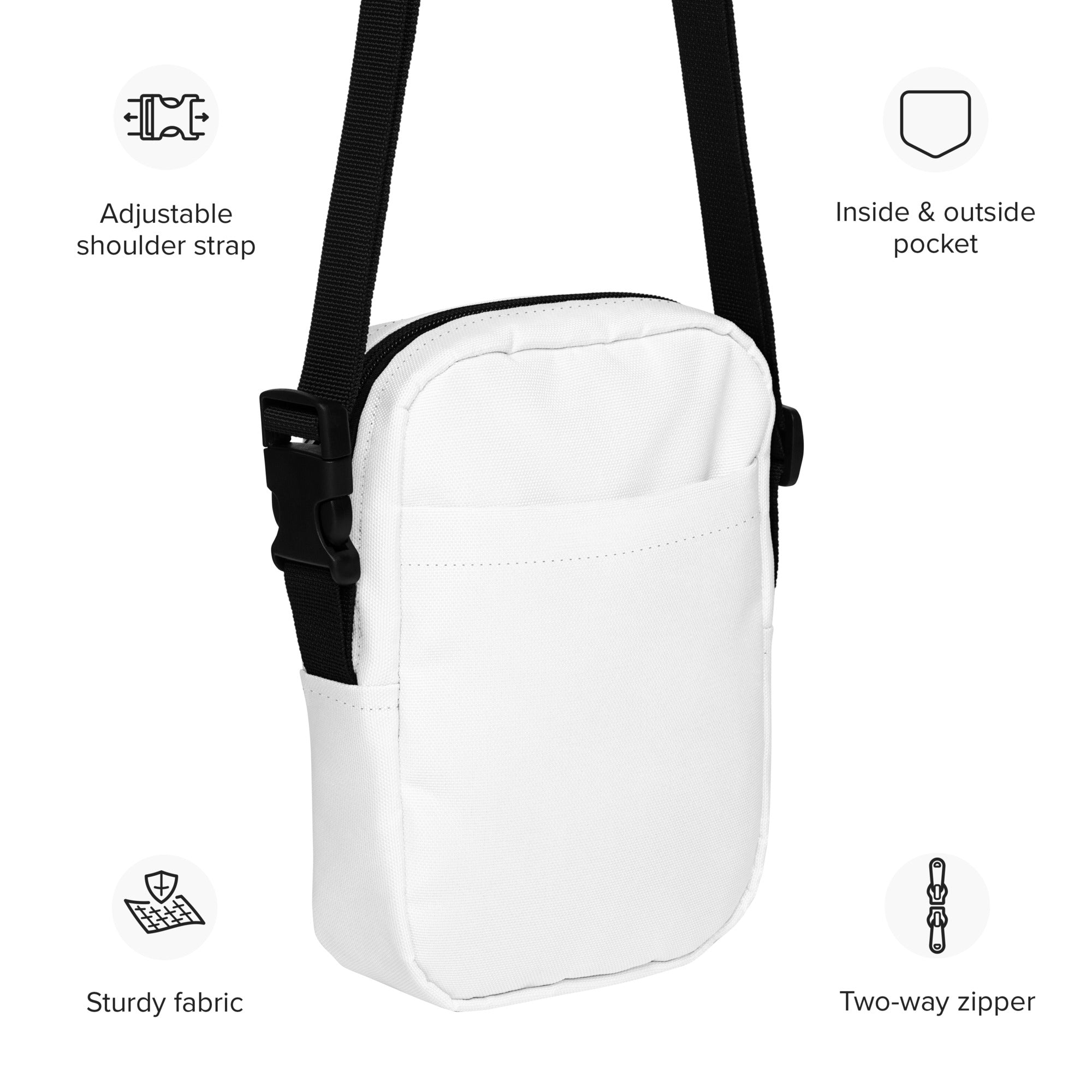 Girls white crossbody purse with black adjustable strap and two-way zipper for versatile use