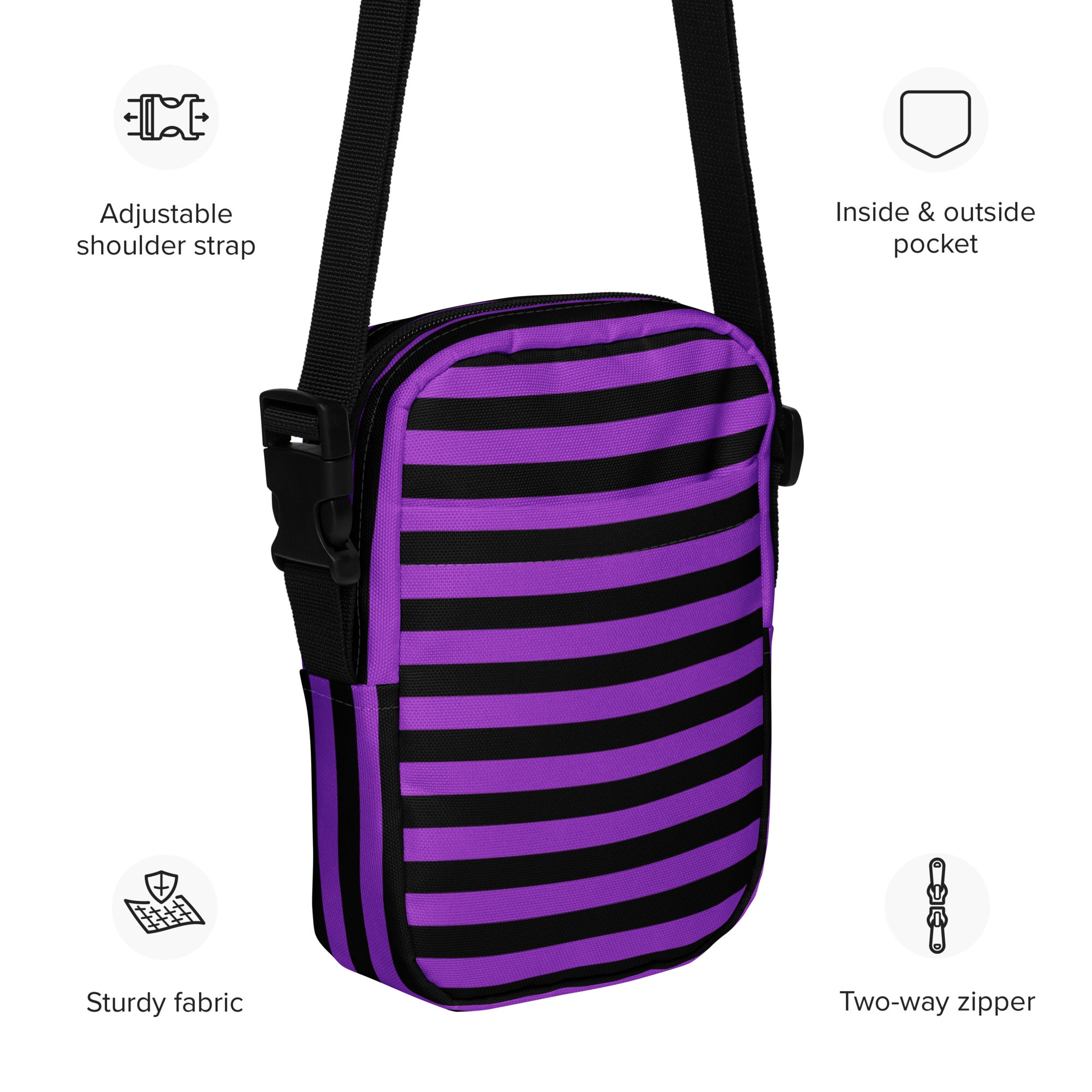 Girls purple and black striped crossbody purse with adjustable shoulder strap for halloween use