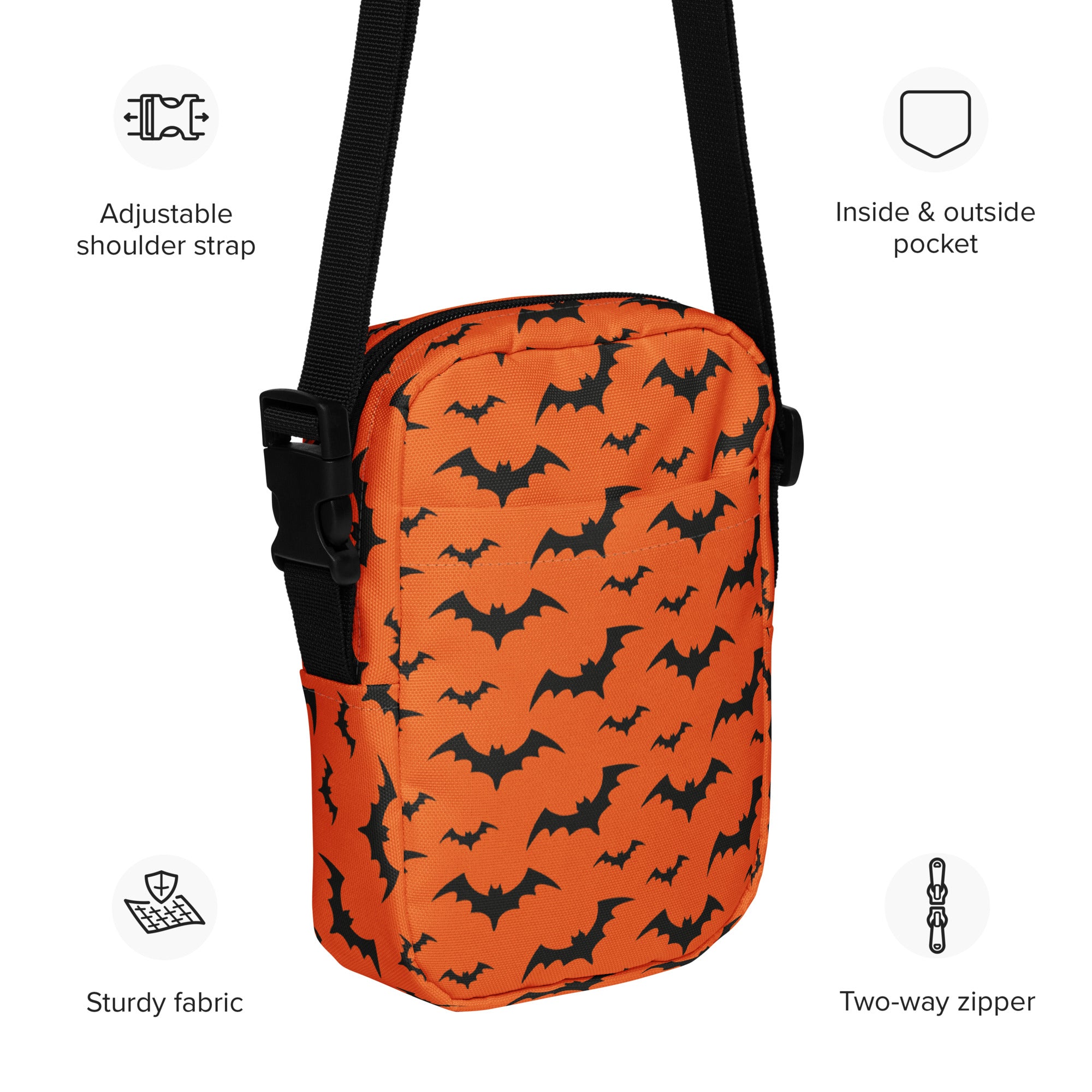 Kids orange bats halloween crossbody purse featuring an orange bag with black bat pattern and adjustable strap