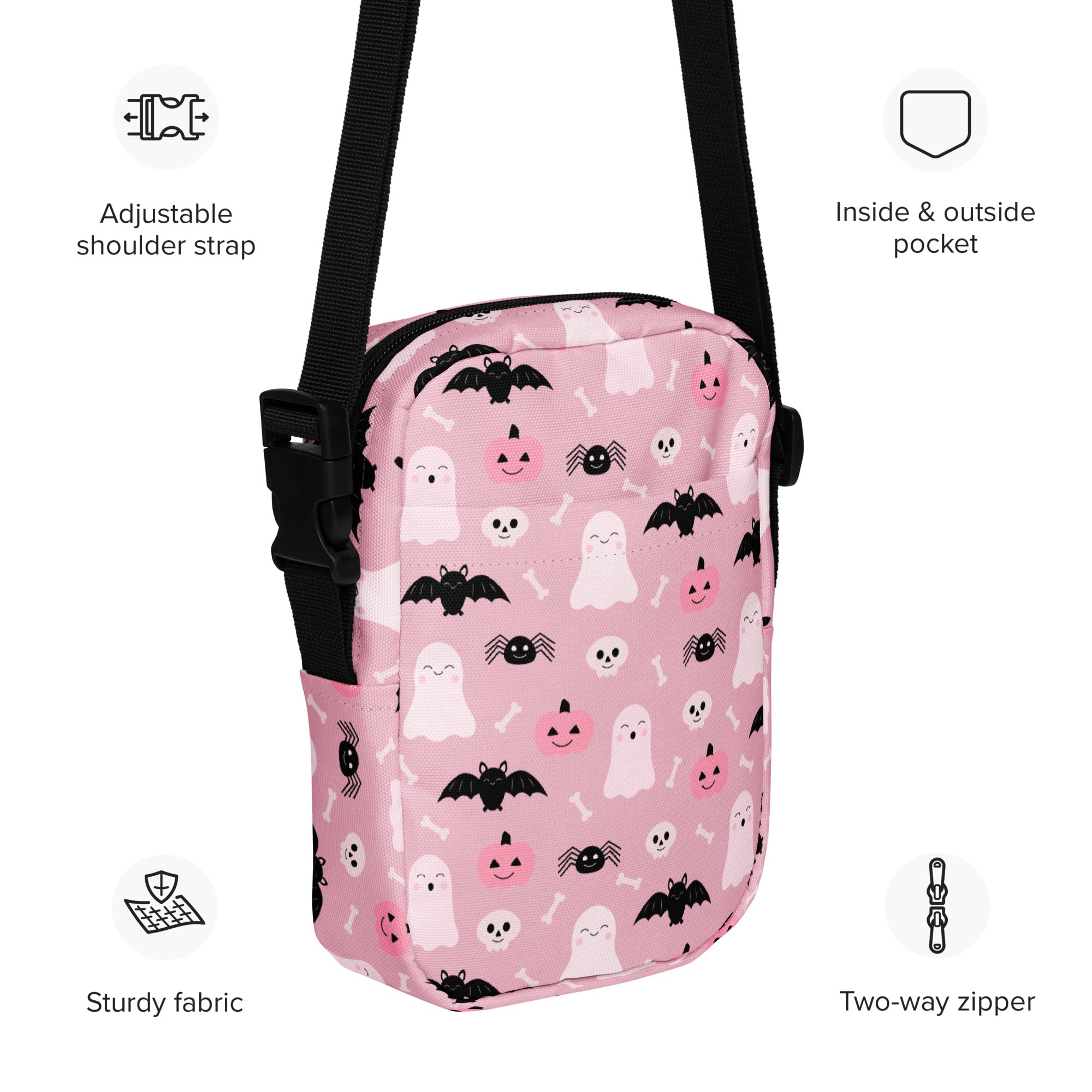Pink halloween crossbody purse for girls with ghost bats pumpkins and spiders printed on sturdy fabric