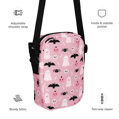 Girls Cute Ghost And Bats Pink Halloween Crossbody Purse