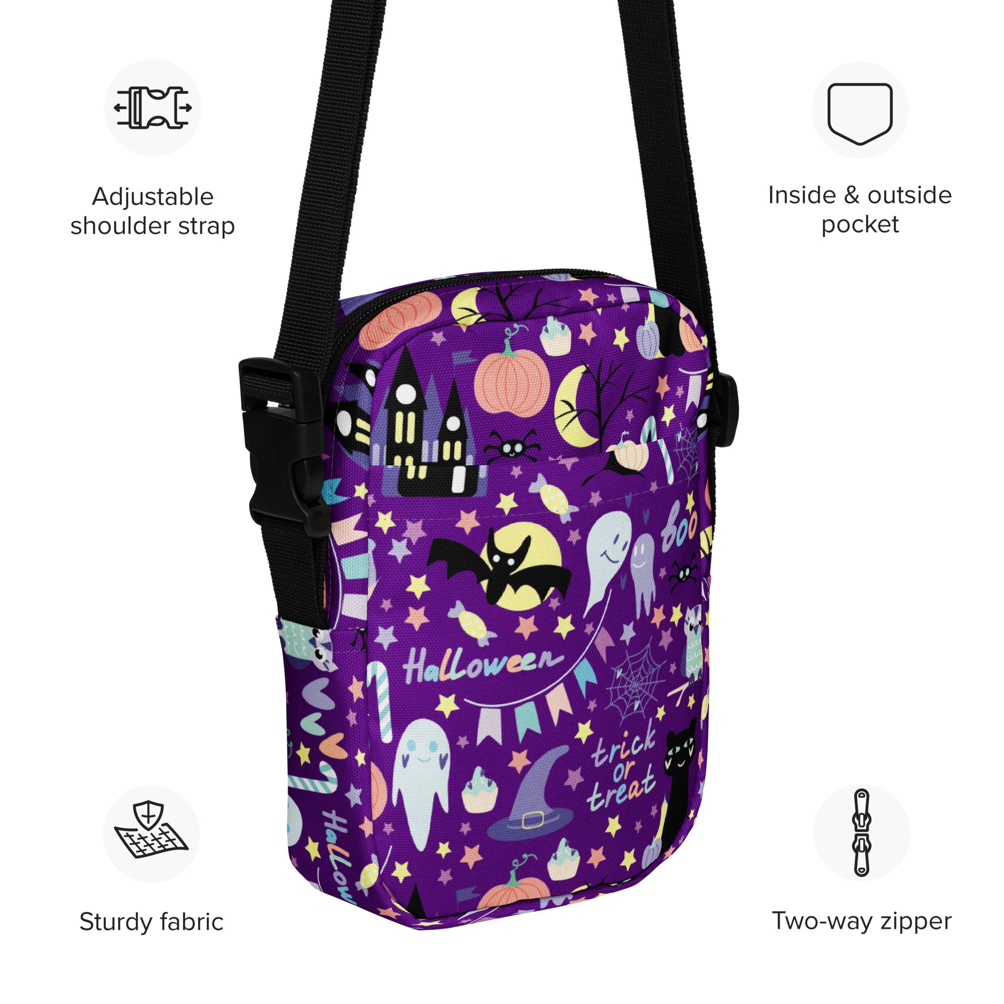 Girls spooky Halloween crossbody purse is a purple sturdy fabric bag with cartoon ghosts bats pumpkins and stars