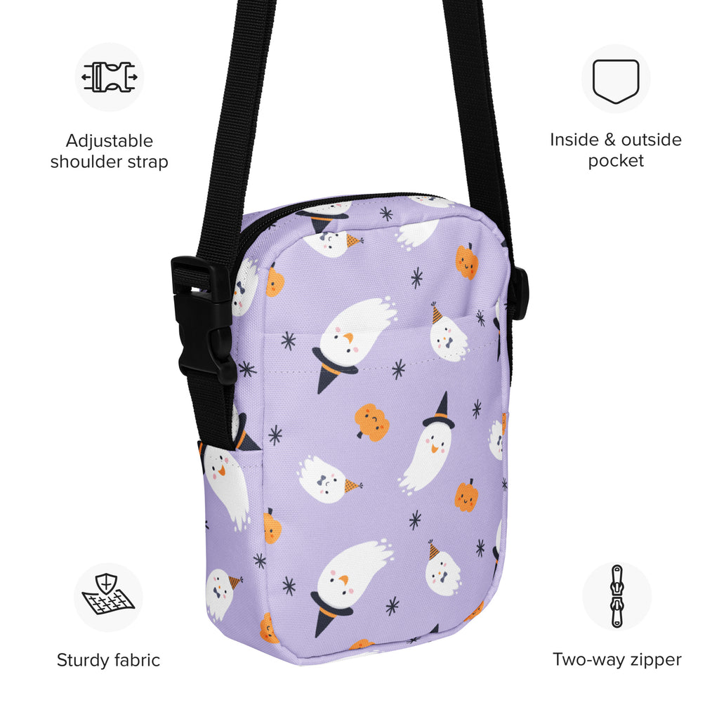Girls ghost witch halloween crossbody purse in purple textured fabric with white ghosts orange pumpkins and black strap
