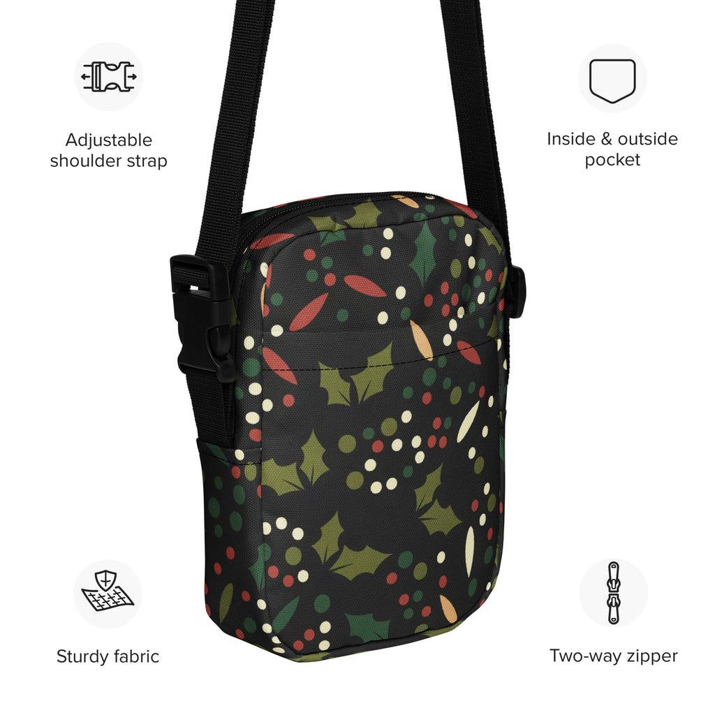 Black girls christmas holly crossbody purse with festive green red white beige holly berry pattern on sturdy fabric