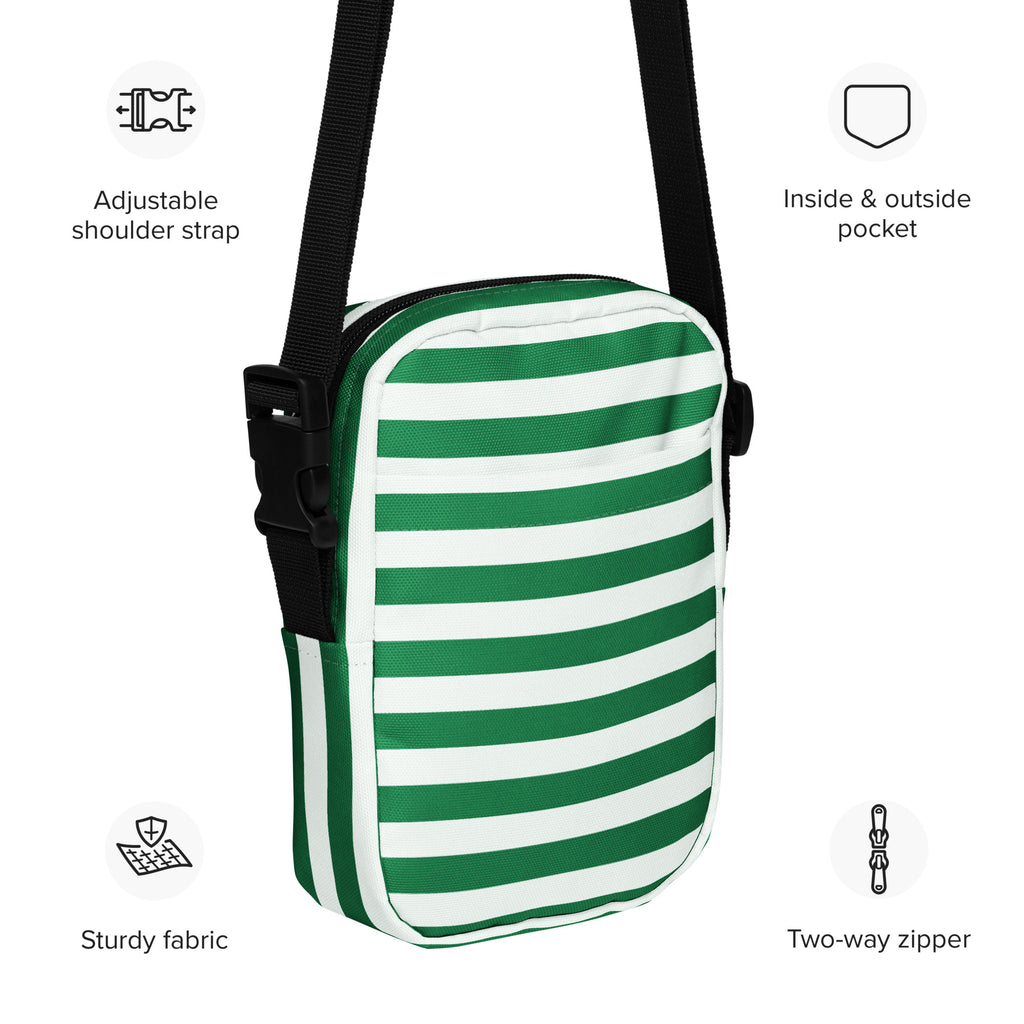 Girls green and white striped crossbody purse with black adjustable strap perfect for casual use