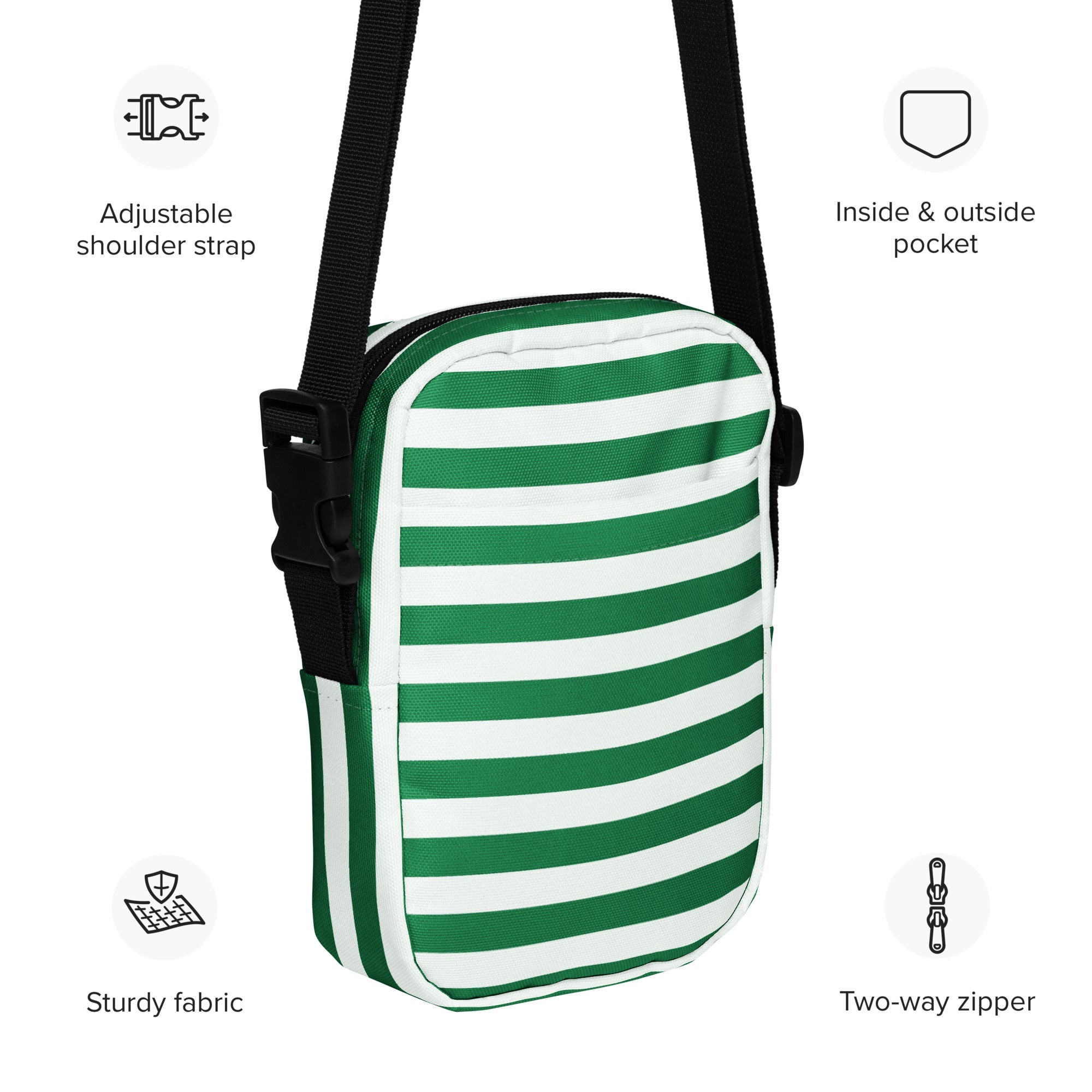 Green and white striped crossbody purse with black adjustable strap perfect for Christmas outings