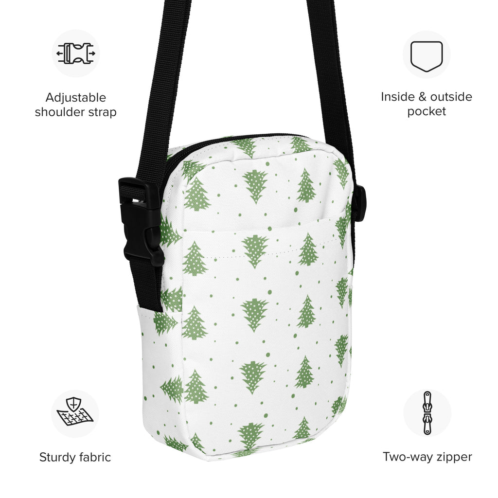 White crossbody bag with green pine tree pattern and black adjustable strap girls christmas trees purse