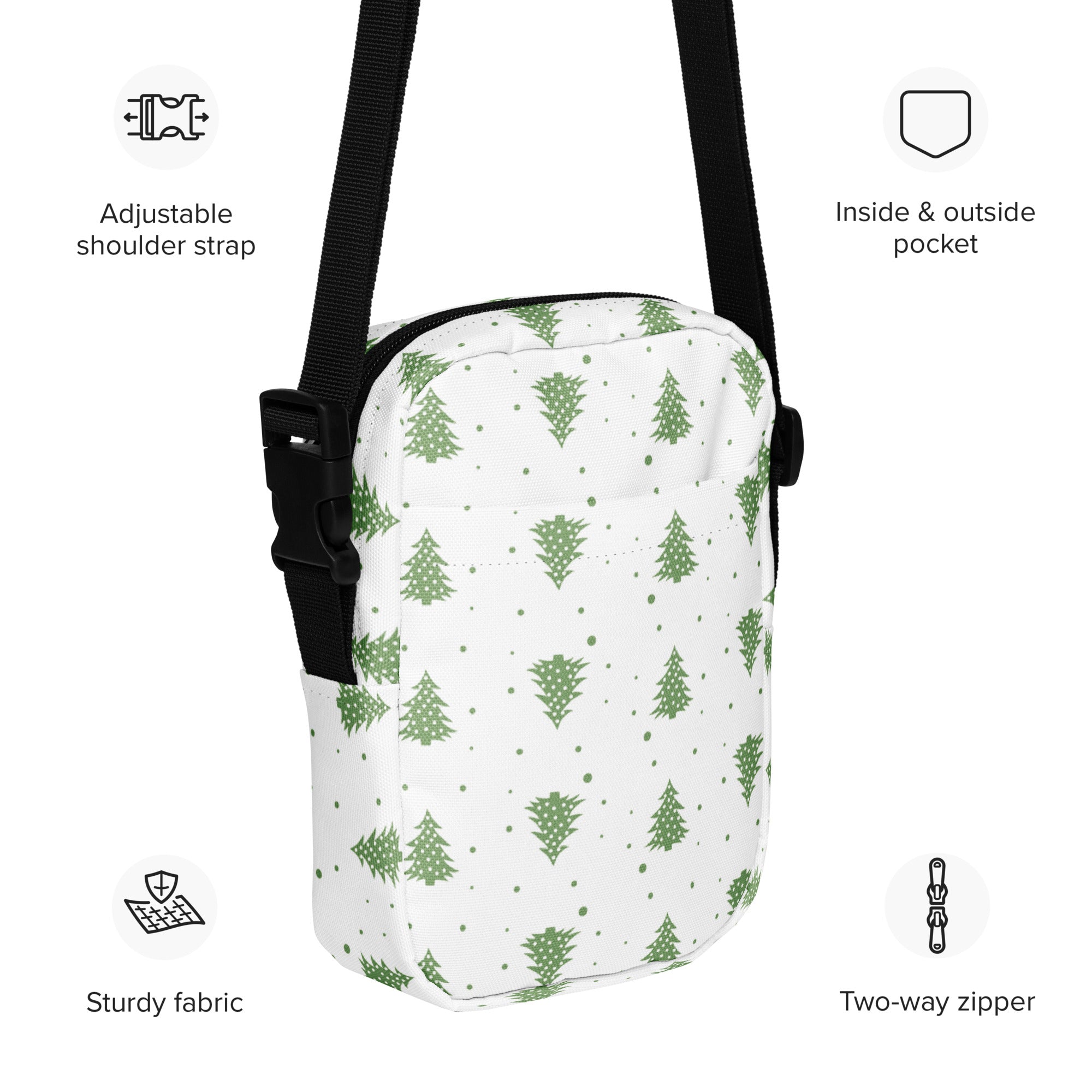 White crossbody bag with green pine tree pattern and black adjustable strap girls christmas trees purse